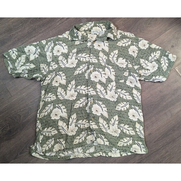 Island Bl Hawaiian Men's Shirt Size Large Green/White Palm Trees Button Up (374) - Picture 1 of 3